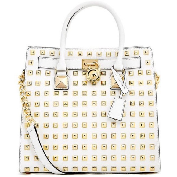 Michael Kors Hamilton Large Pyramid Studded Satchel Shoulder Bag Tote White - Picture 3 of 16